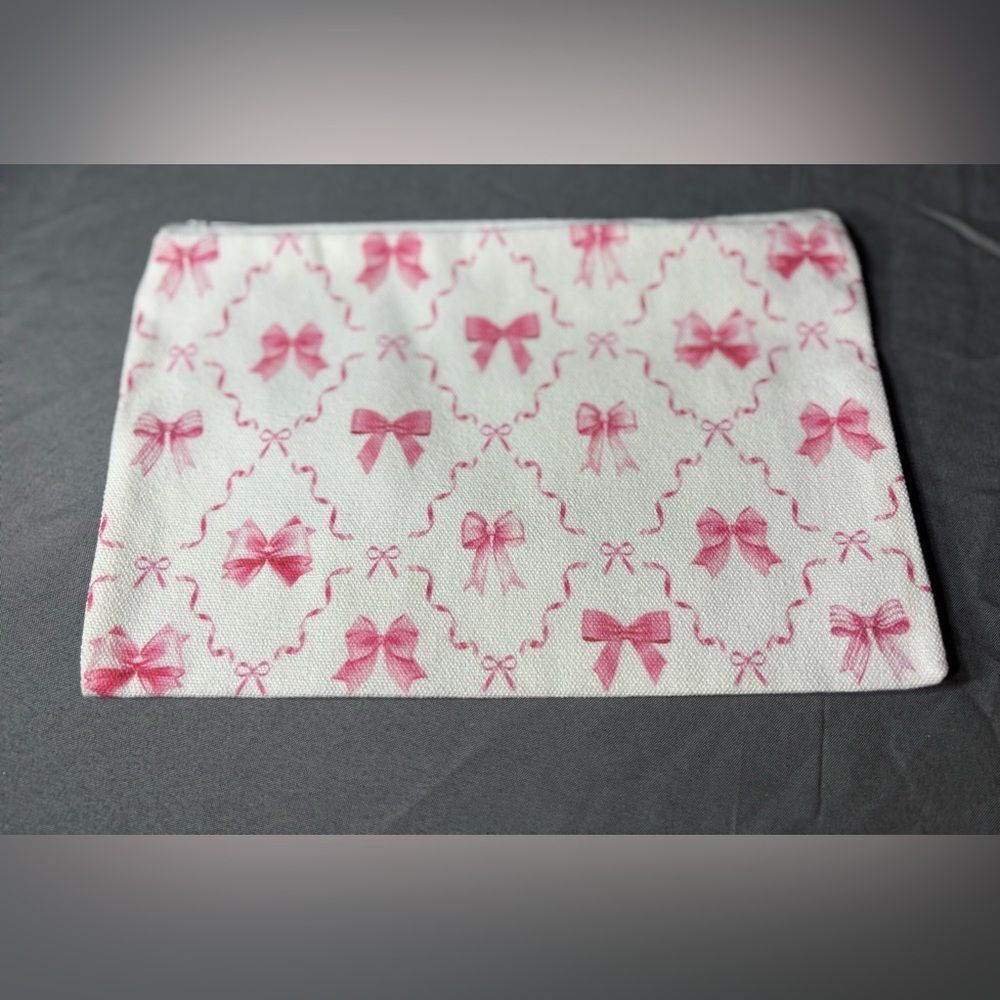 New Pink Bow Print Zip Pouch